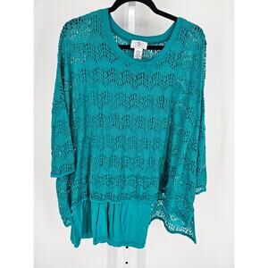 OSO Casuals Womens Sz XL Layered 3/4 Sleeve Blouse Teal Blue Crochet Overlay